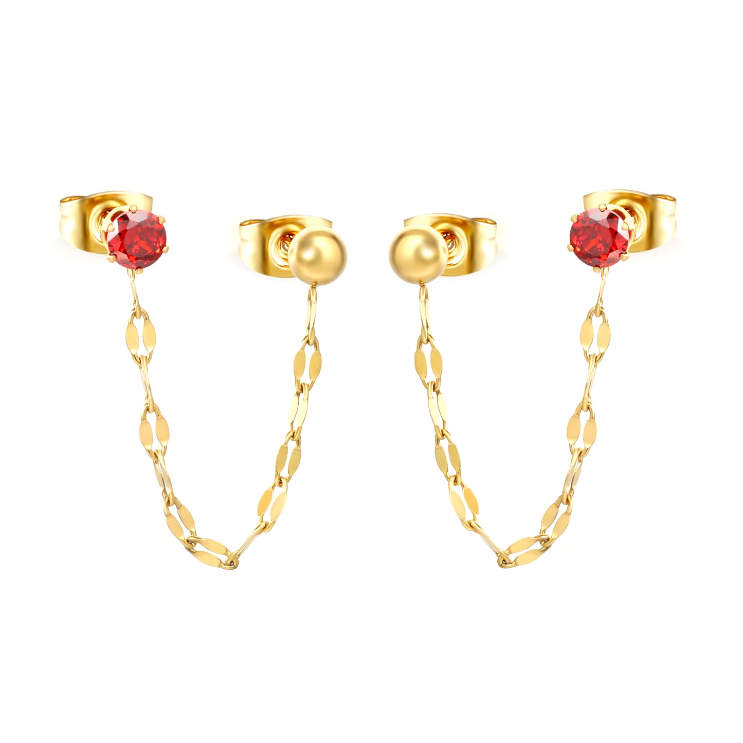 Stainless Steel Red CZ Chain Drop Earrings | 18K Gold Plated Double Piercing Jewelry