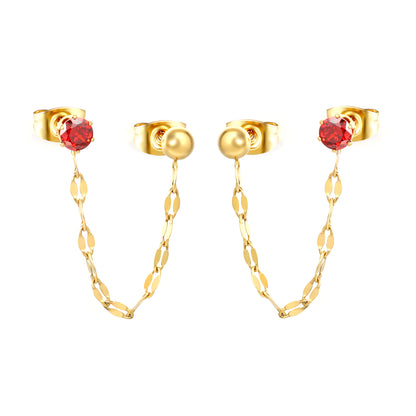 Stainless Steel Red CZ Chain Drop Earrings | 18K Gold Plated Double Piercing Jewelry