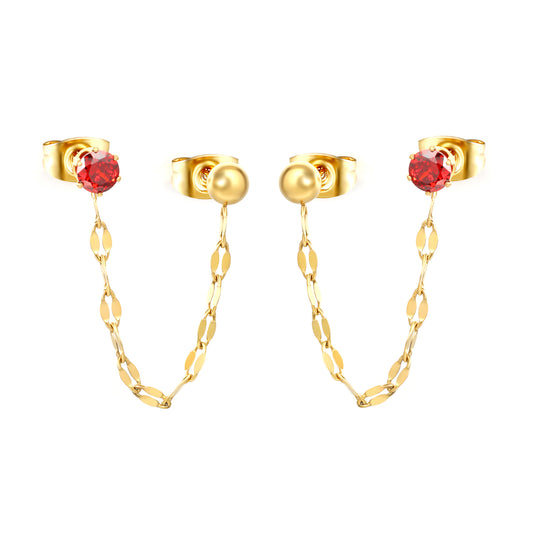 Stainless Steel Red CZ Chain Drop Earrings | 18K Gold Plated Double Piercing Jewelry