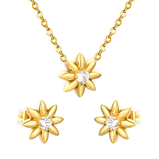 18K Gold Plated Sunflower Jewelry Set | Stainless Steel CZ Crystal Necklace & Earrings | Hypoallergenic Floral Jewelry for Women