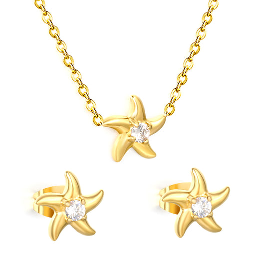 18K Gold Plated Starfish Jewelry Set | Stainless Steel CZ Crystal Necklace & Earrings | Wholesale Waterproof Beach Jewelry for Women