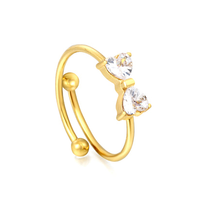 Bow Inspired Double Heart Ring | Stainless Steel Gold Open Ring Hypoallergenic waterproof ring