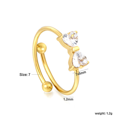 Bow Inspired Double Heart Ring | Stainless Steel Gold Open Ring Hypoallergenic waterproof ring