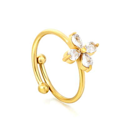 Delicate CZ Flower Charm Ring | Gold Plated Adjustable Open Band Stainless steel flower ring