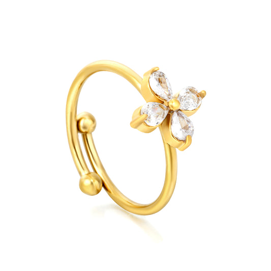 Delicate CZ Flower Charm Ring | Gold Plated Adjustable Open Band Stainless steel flower ring