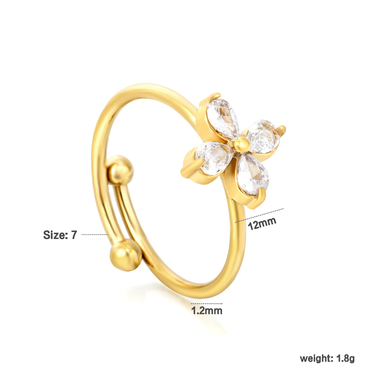 Delicate CZ Flower Charm Ring | Gold Plated Adjustable Open Band Stainless steel flower ring