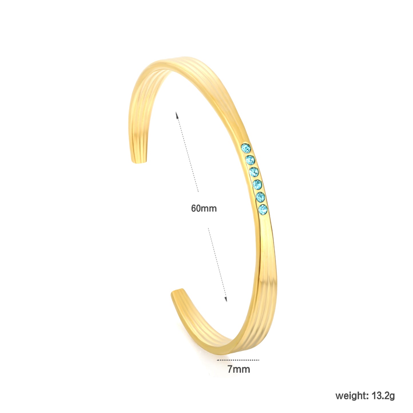 18K Gold Plated Blue CZ Crystal Cuff Bangle | Stainless Steel Ribbed Open Bracelet | Wholesale Waterproof Jewelry for Women