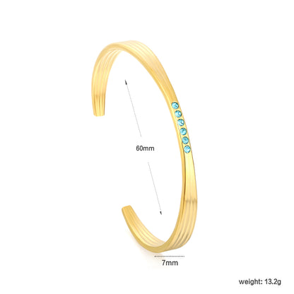 18K Gold Plated Blue CZ Crystal Cuff Bangle | Stainless Steel Ribbed Open Bracelet | Wholesale Waterproof Jewelry for Women