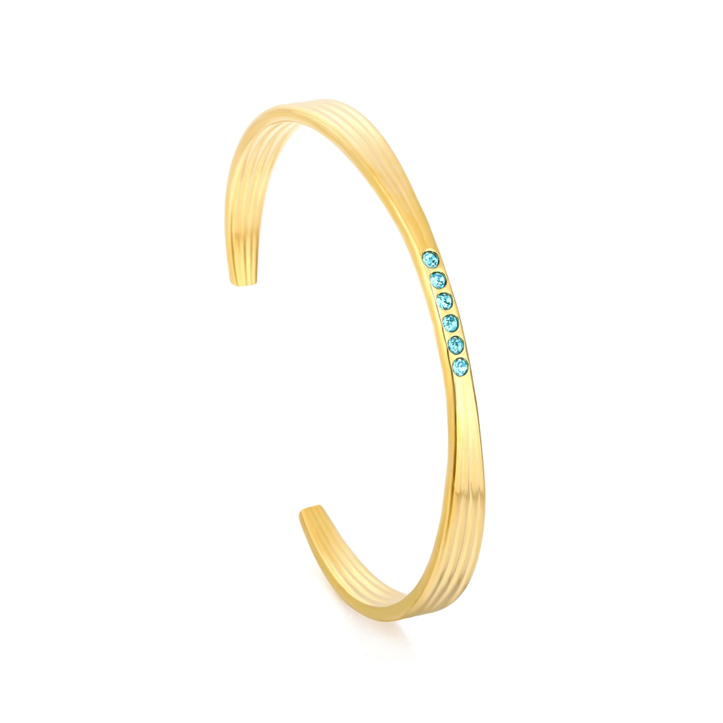 18K Gold Plated Blue CZ Crystal Cuff Bangle | Stainless Steel Ribbed Open Bracelet | Wholesale Waterproof Jewelry for Women