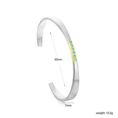 18K Gold Plated Blue CZ Crystal Cuff Bangle | Stainless Steel Ribbed Open Bracelet | Wholesale Waterproof Jewelry for Women