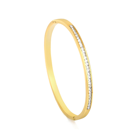 Gold-tone hard bracelet with a circle of diamonds in the center