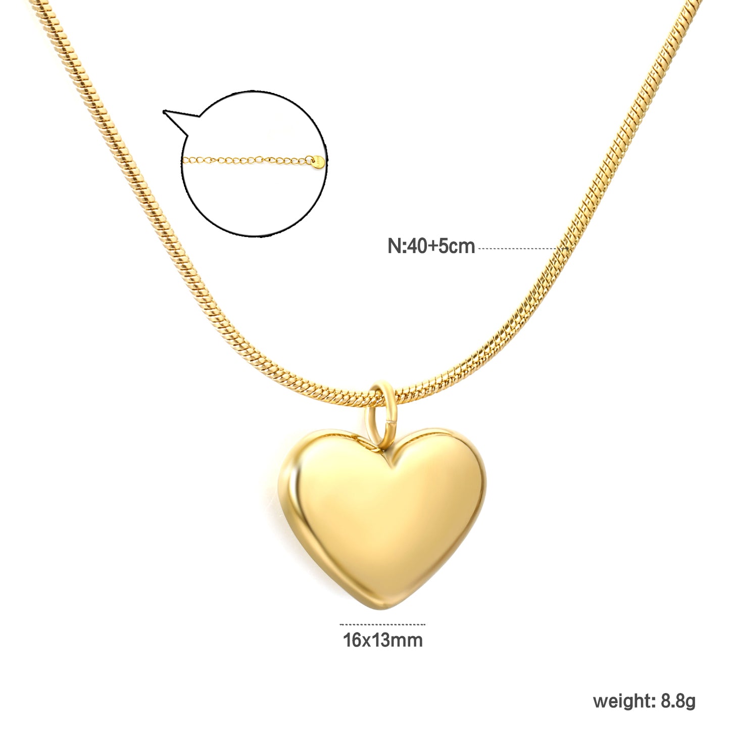 Wholesale Stainless Steel Snake Chain Heart Pendant Necklace – Waterproof Hypoallergenic Jewelry