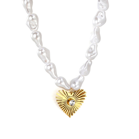Wholesale Stainless Steel Heart Pendant on Baroque Pearl Chain | Trendy Jewelry