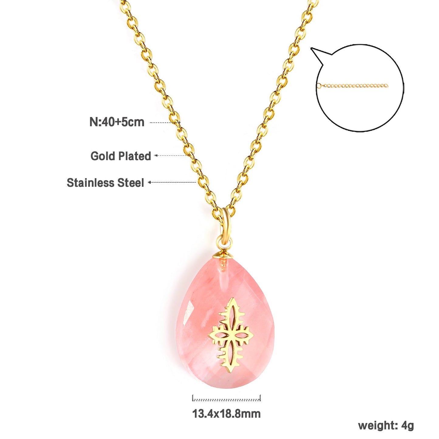 Pink Teardrop Stone with Gold Pattern Pendant 13.4*18.8mm Necklace 40+5cm Golden