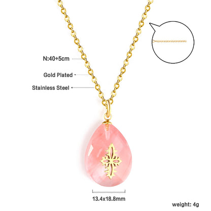 Pink Teardrop Stone with Gold Pattern Pendant 13.4*18.8mm Necklace 40+5cm Golden