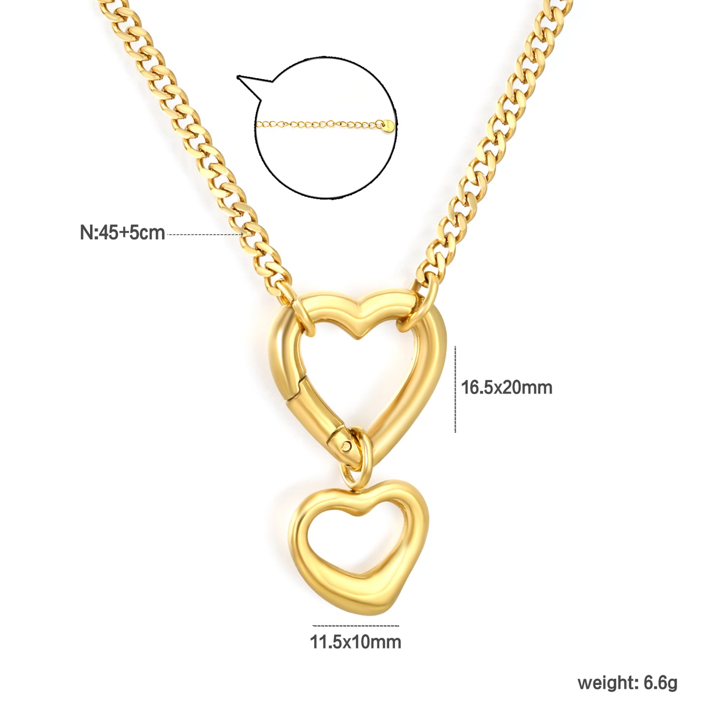 Wholesale Double Heart Adjustable Open Pendant Necklace Stainless Steel Women Hypoallergenic Waterproof