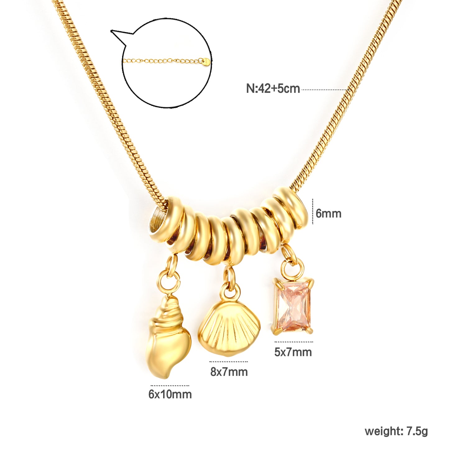 18K Gold Plated Shell Conch Charm Necklace | Stainless Steel Pink Crystal Pendant Necklace | Waterproof Beach Jewelry for Women