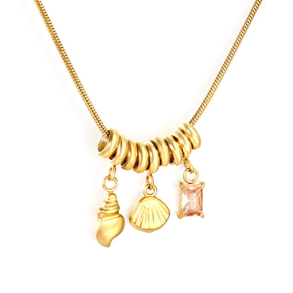 18K Gold Plated Shell Conch Charm Necklace | Stainless Steel Pink Crystal Pendant Necklace | Waterproof Beach Jewelry for Women