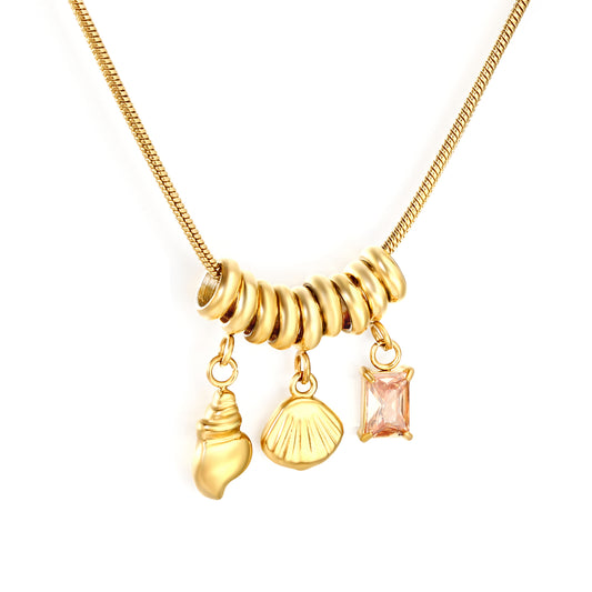 18K Gold Plated Shell Conch Charm Necklace | Stainless Steel Pink Crystal Pendant Necklace | Waterproof Beach Jewelry for Women