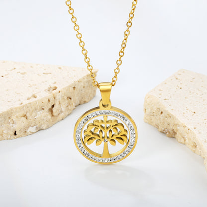 35*39mm Stainless Steel Necklace Tree of Life Round Circle Pendant for Women Jewelry Gift