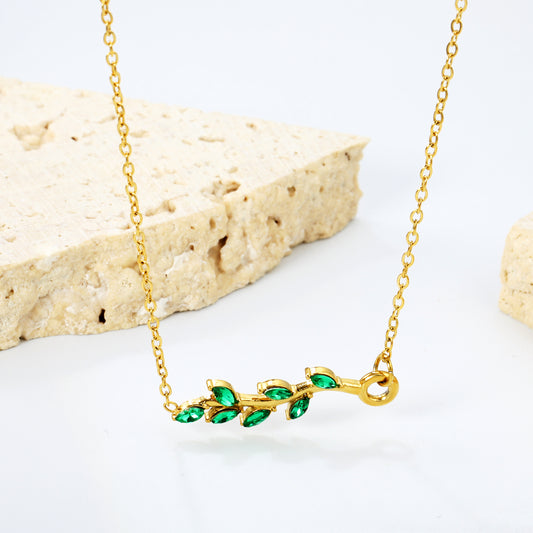 40+5cm 18K Gold Plated PVD Plating Pendant Necklace 23*5.8mm Zircon Leaf Shape Diamond Inl.aid  Elegant Special