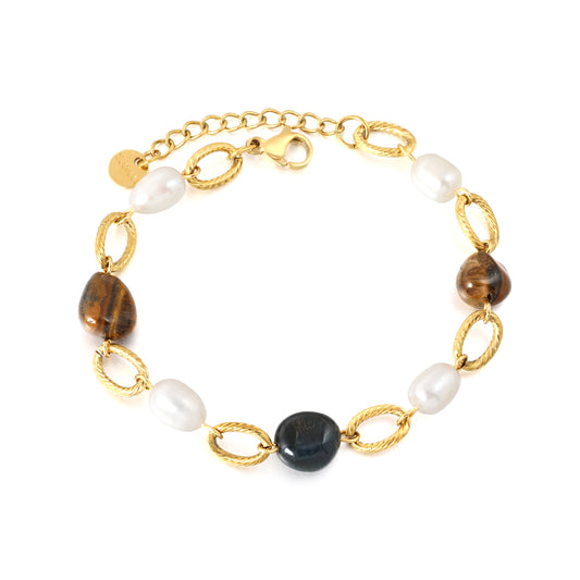 Wholesale Tiger's Eye Bracelet with Freshwater Pearl | Waterproof Hypoallergic Stainless Steel Beaded Chain | Natural Stone Jewelry