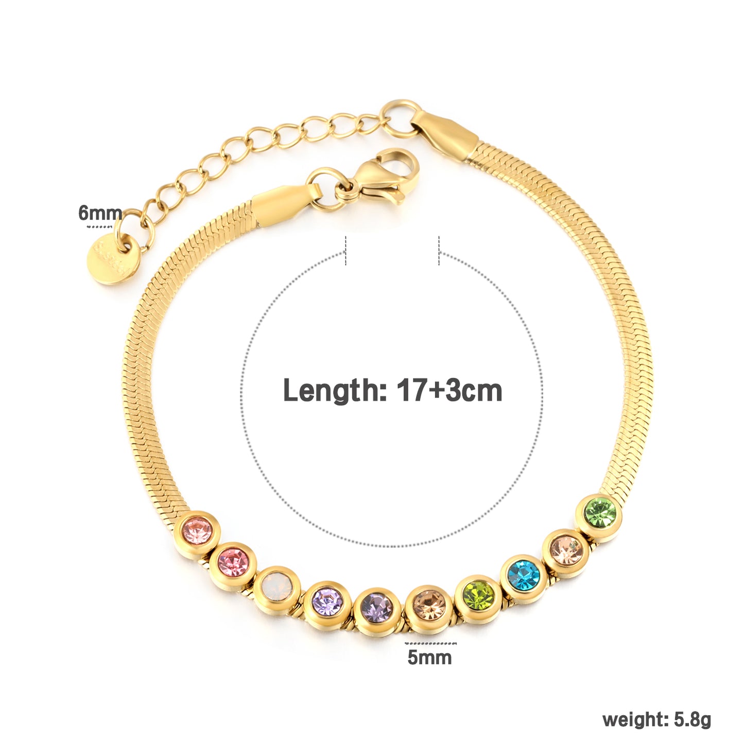 18K Gold Plated Multicolor CZ Crystal Snake Chain Bracelet | Stainless Steel Adjustable Waterproof Bracelet | Wholesale Colorful Jewelry for Women