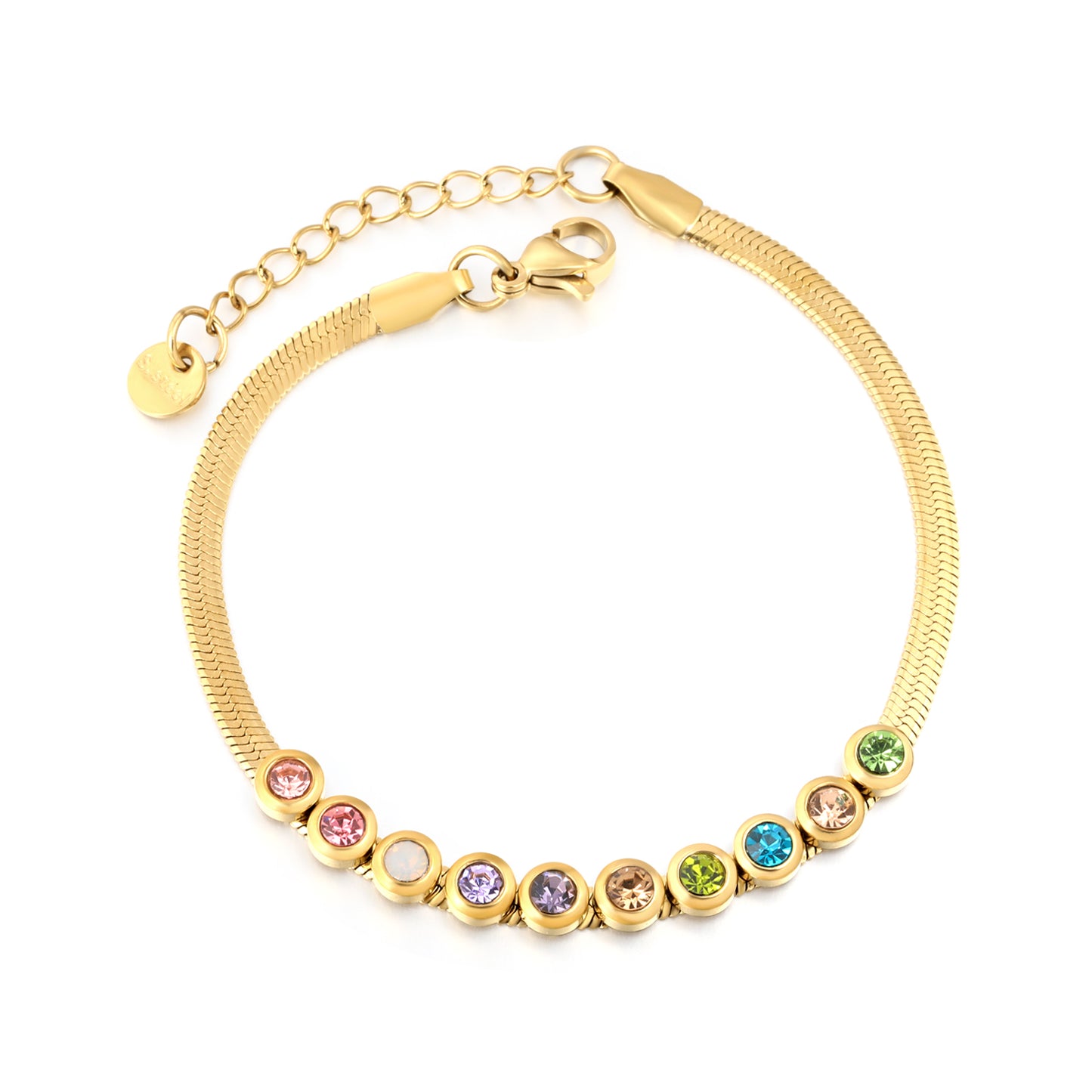 18K Gold Plated Multicolor CZ Crystal Snake Chain Bracelet | Stainless Steel Adjustable Waterproof Bracelet | Wholesale Colorful Jewelry for Women