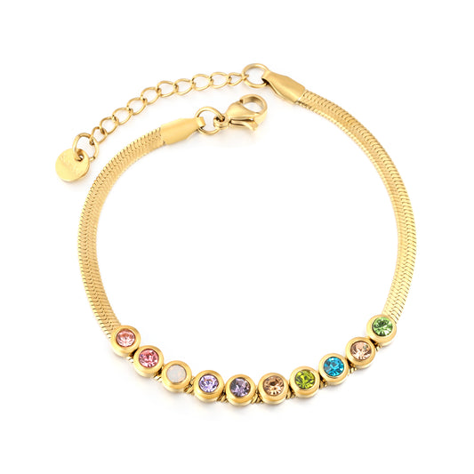 18K Gold Plated Multicolor CZ Crystal Snake Chain Bracelet | Stainless Steel Adjustable Waterproof Bracelet | Wholesale Colorful Jewelry for Women