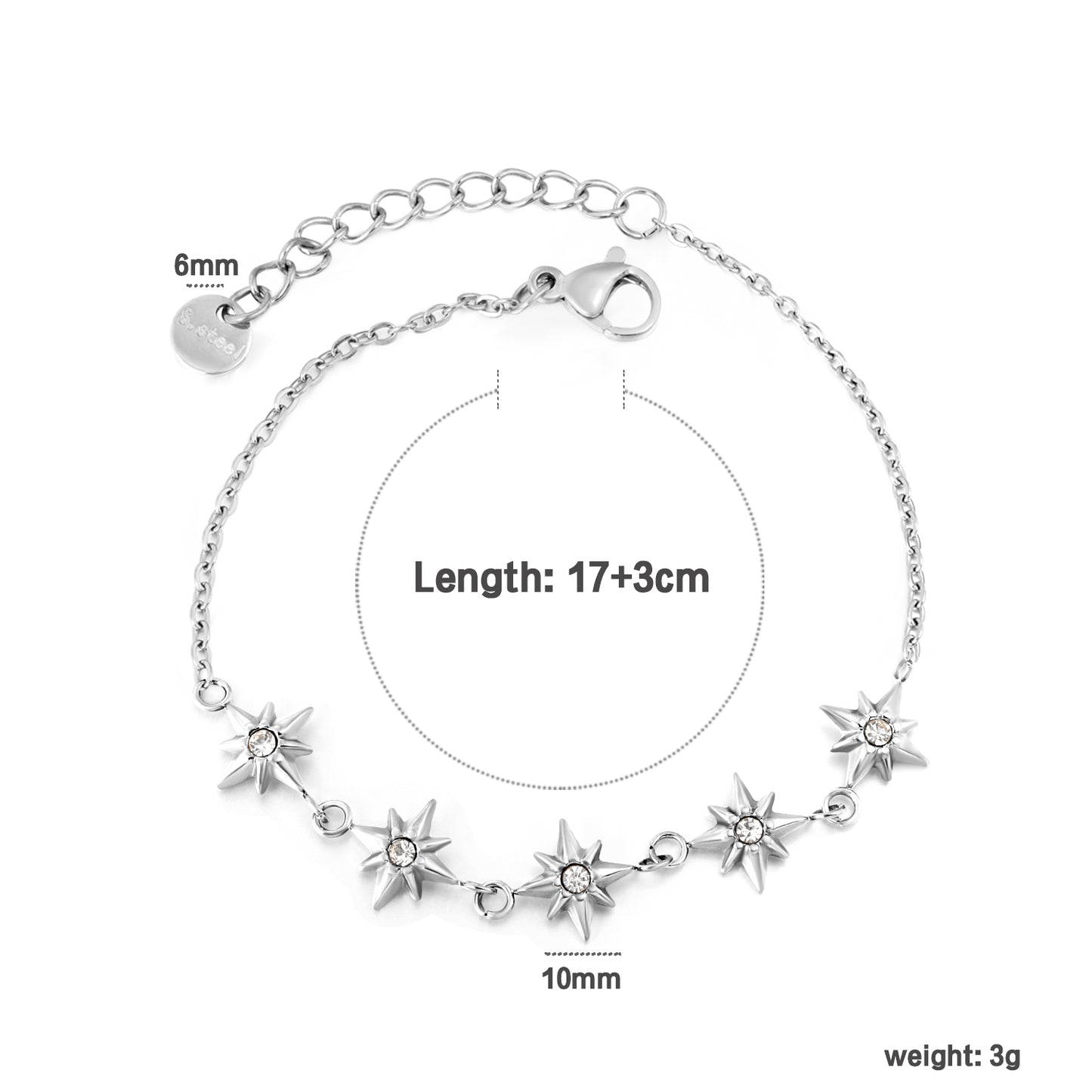 18K Gold Plated Starburst CZ Charm Bracelet | Stainless Steel Adjustable Waterproof Bracelet | Wholesale Celestial Jewelry for Women