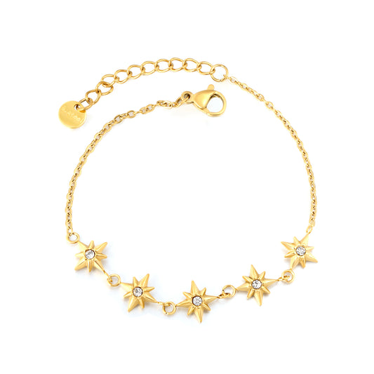 18K Gold Plated Starburst CZ Charm Bracelet | Stainless Steel Adjustable Waterproof Bracelet | Wholesale Celestial Jewelry for Women