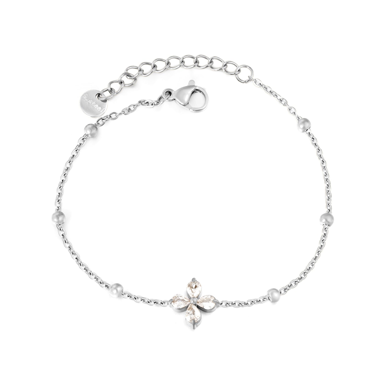 Stainless Steel CZ Flower Charm Bracelet | 18K Gold Plated Beaded Chain Jewelry