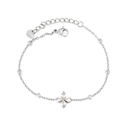 Stainless Steel CZ Flower Charm Bracelet | 18K Gold Plated Beaded Chain Jewelry