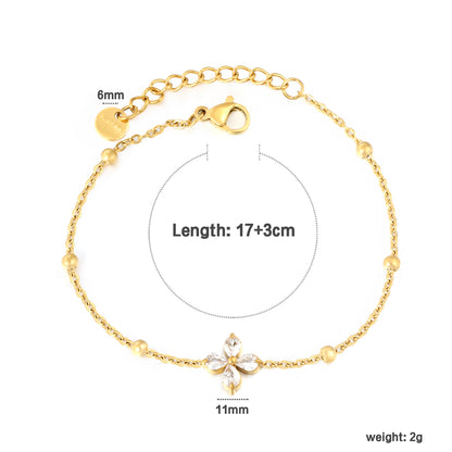 Stainless Steel CZ Flower Charm Bracelet | 18K Gold Plated Beaded Chain Jewelry