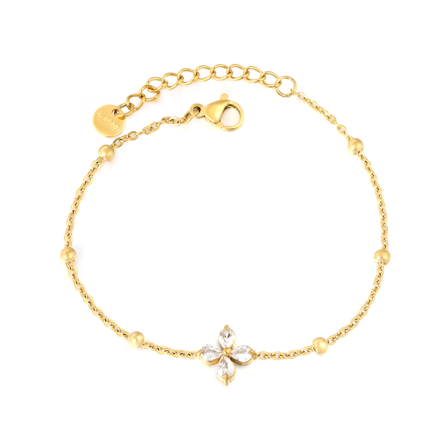 Stainless Steel CZ Flower Charm Bracelet | 18K Gold Plated Beaded Chain Jewelry