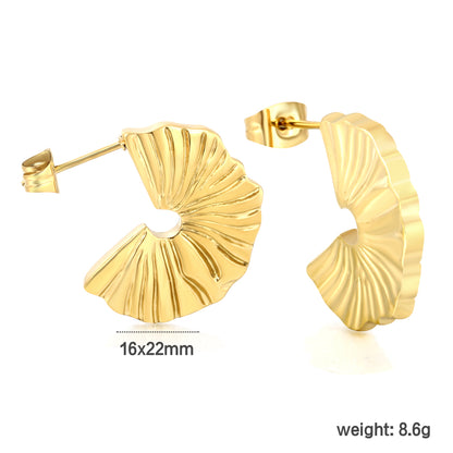 Stainless Steel Textured C Hoop Earrings | 18K Gold Plated Fan Pattern Jewelry