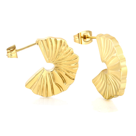 Stainless Steel Textured C Hoop Earrings | 18K Gold Plated Fan Pattern Jewelry
