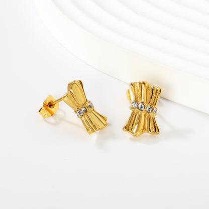 Gold Textured Bow Earrings with Clear CZ | Hypoallergenic Waterproof Statement Studs