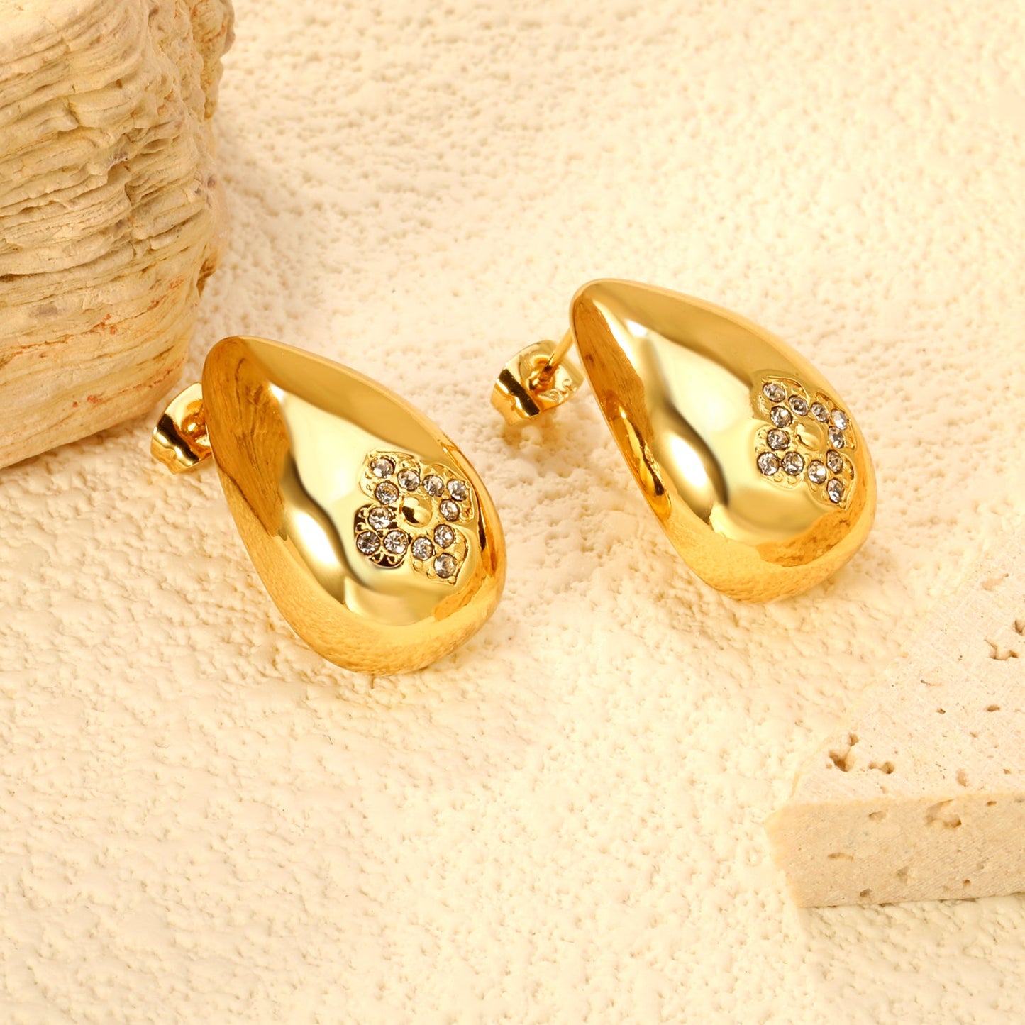 16*24.5mm drop flower white diamond stud earrings gold color