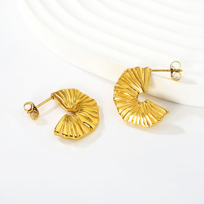 Stainless Steel Textured C Hoop Earrings | 18K Gold Plated Fan Pattern Jewelry