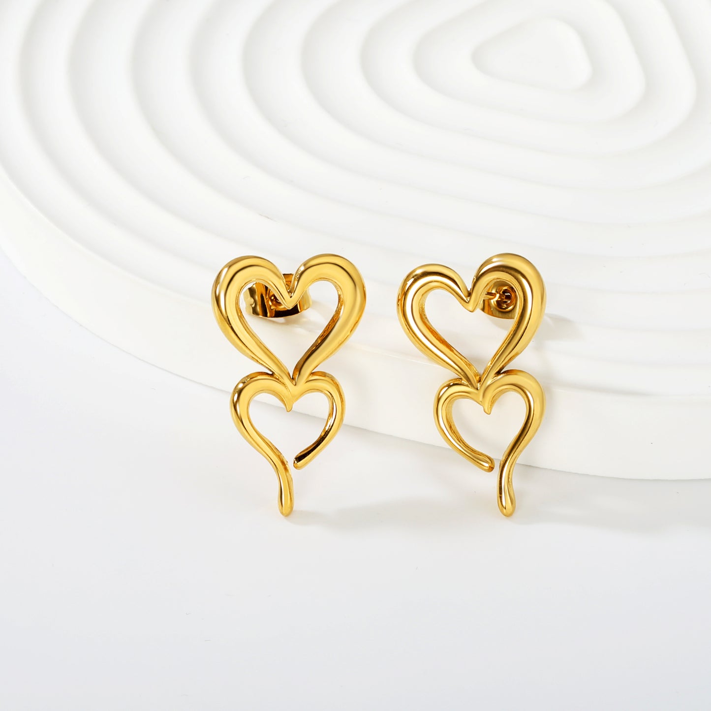 18k Gold Plated Double Heart Drop Earrings | Stainless Steel Dangle Jewelry