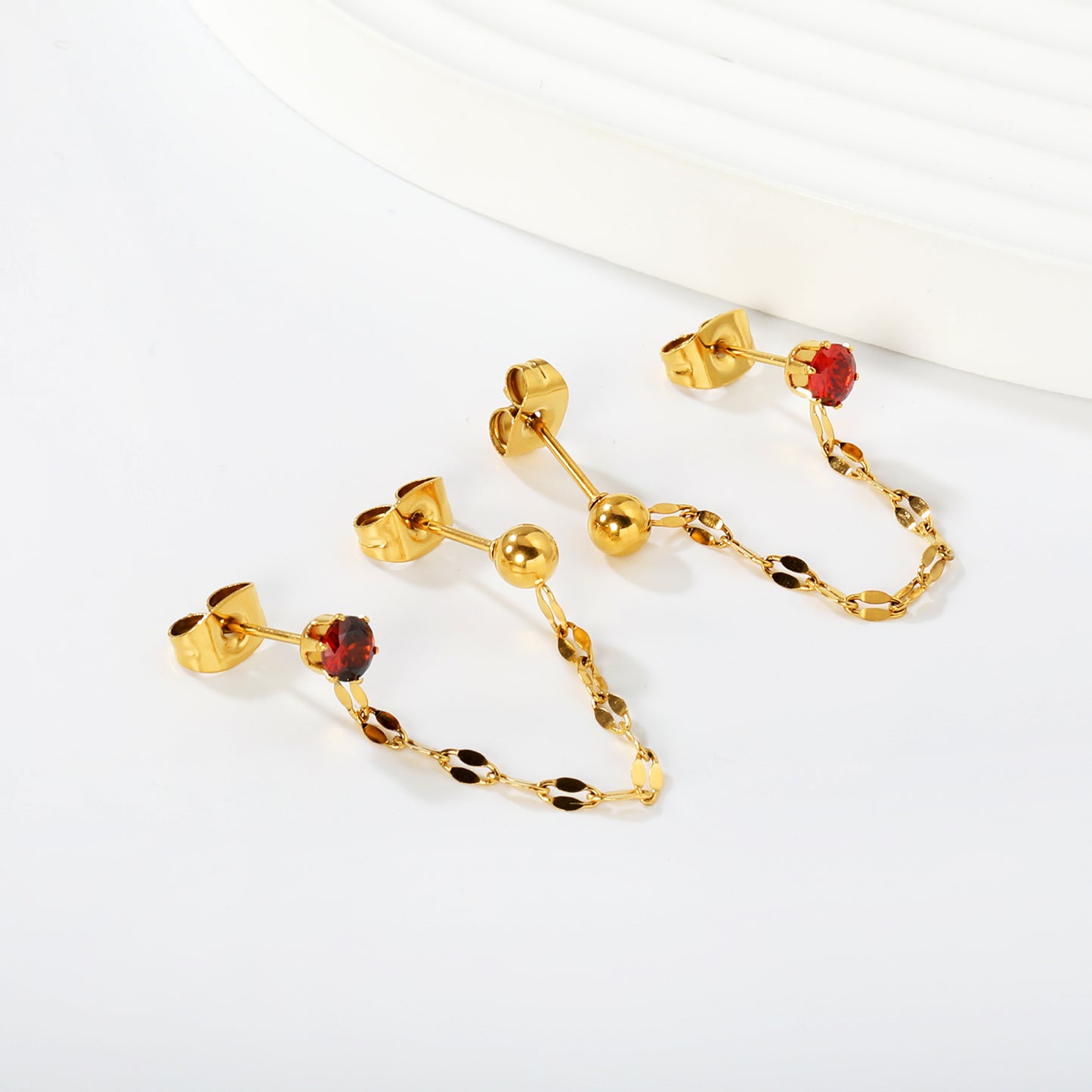 Stainless Steel Red CZ Chain Drop Earrings | 18K Gold Plated Double Piercing Jewelry