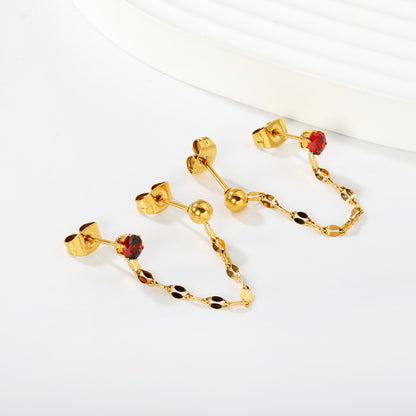 Stainless Steel Red CZ Chain Drop Earrings | 18K Gold Plated Double Piercing Jewelry