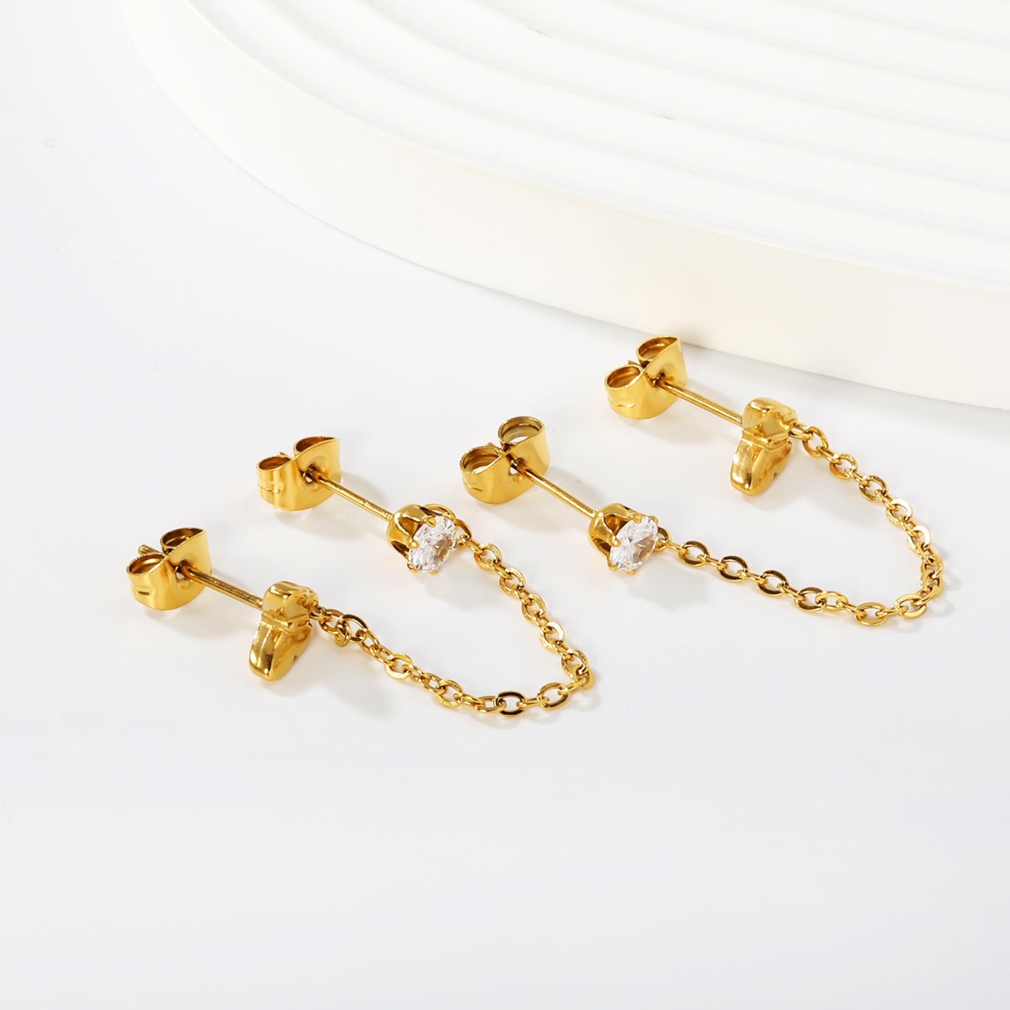 Gold Two Hole Butterfly Chain Earrings with Clear Crystal | Hypoallergenic Dangle Accessories