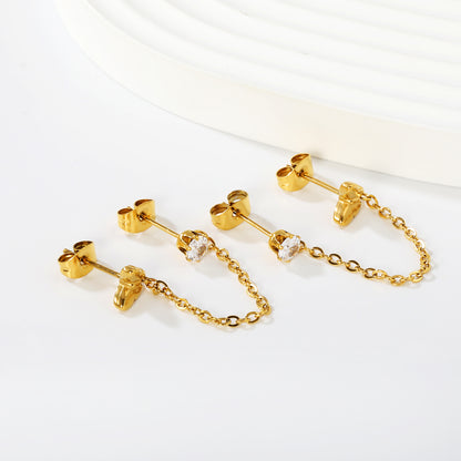 Gold Two Hole Butterfly Chain Earrings with Clear Crystal | Hypoallergenic Dangle Accessories