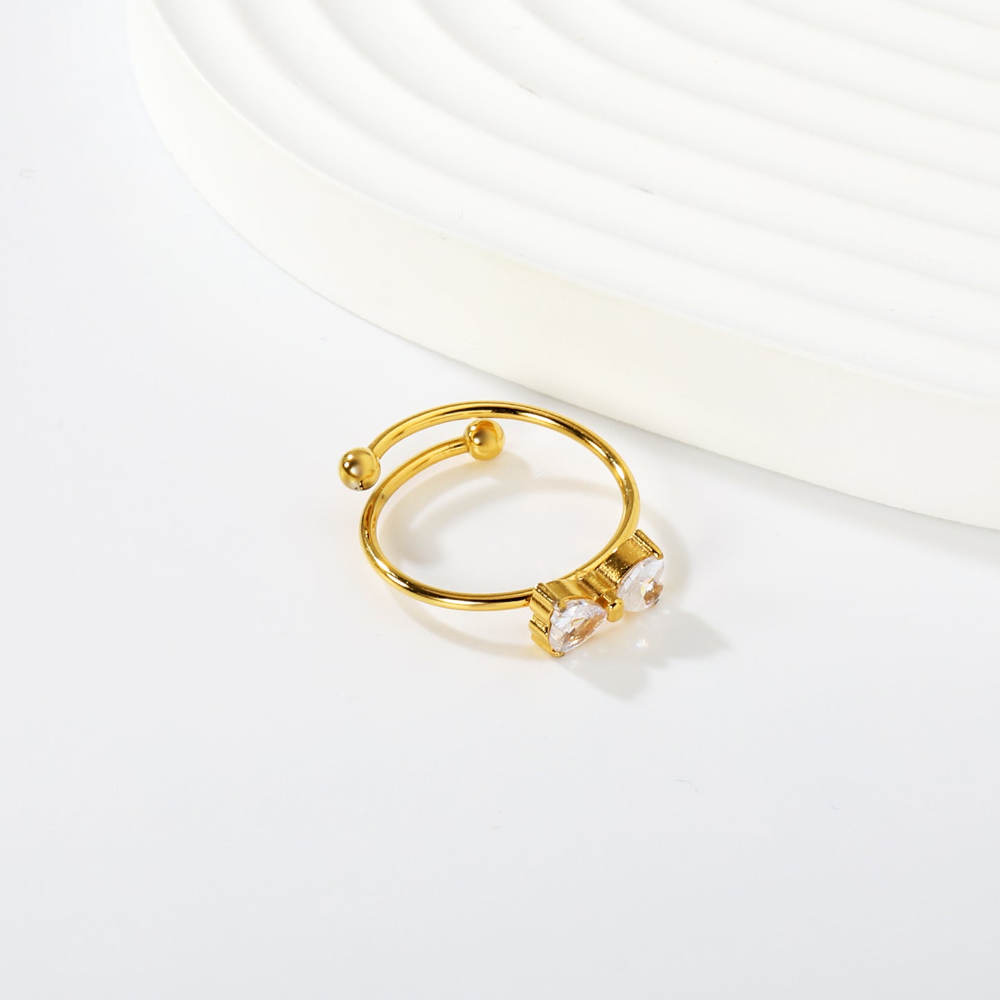 Bow Inspired Double Heart Ring | Stainless Steel Gold Open Ring Hypoallergenic waterproof ring