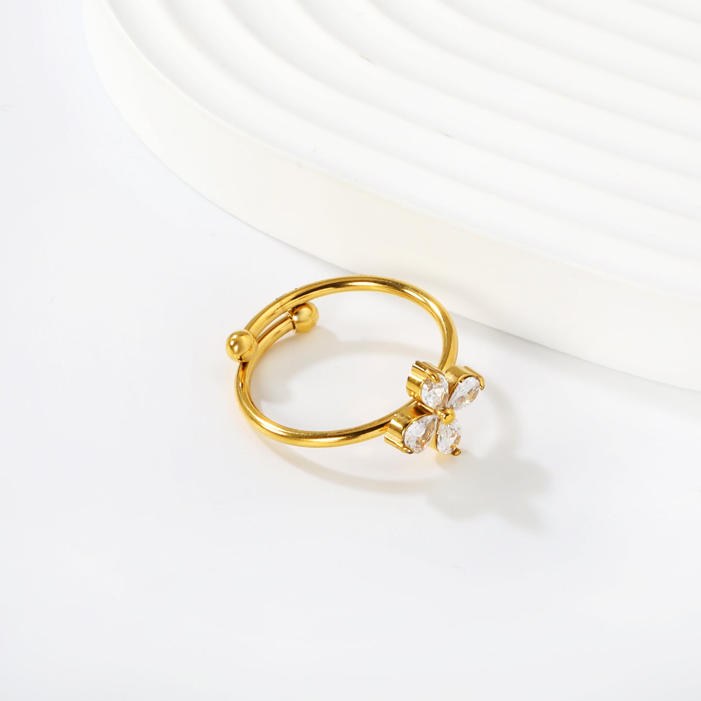 Delicate CZ Flower Charm Ring | Gold Plated Adjustable Open Band Stainless steel flower ring