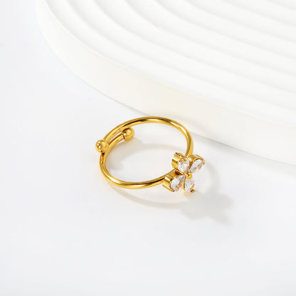 Delicate CZ Flower Charm Ring | Gold Plated Adjustable Open Band Stainless steel flower ring
