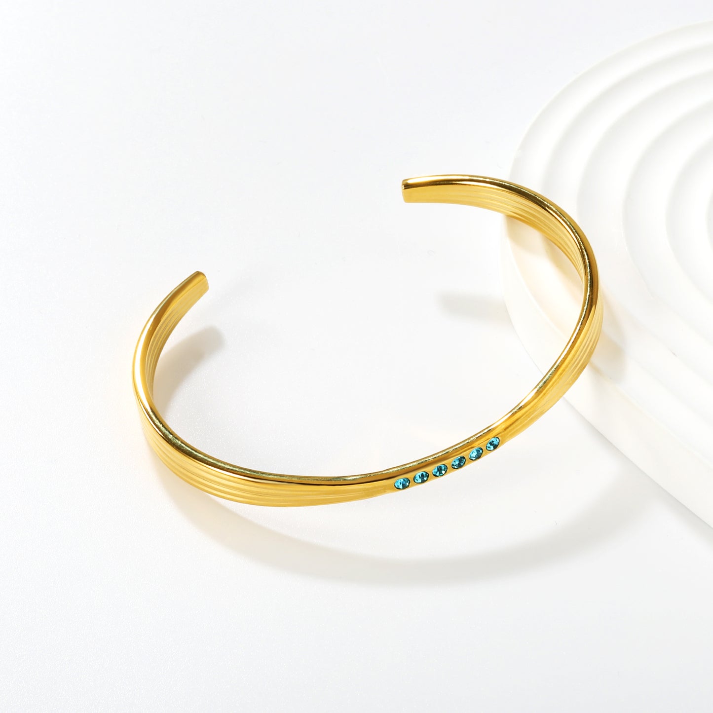 18K Gold Plated Blue CZ Crystal Cuff Bangle | Stainless Steel Ribbed Open Bracelet | Wholesale Waterproof Jewelry for Women