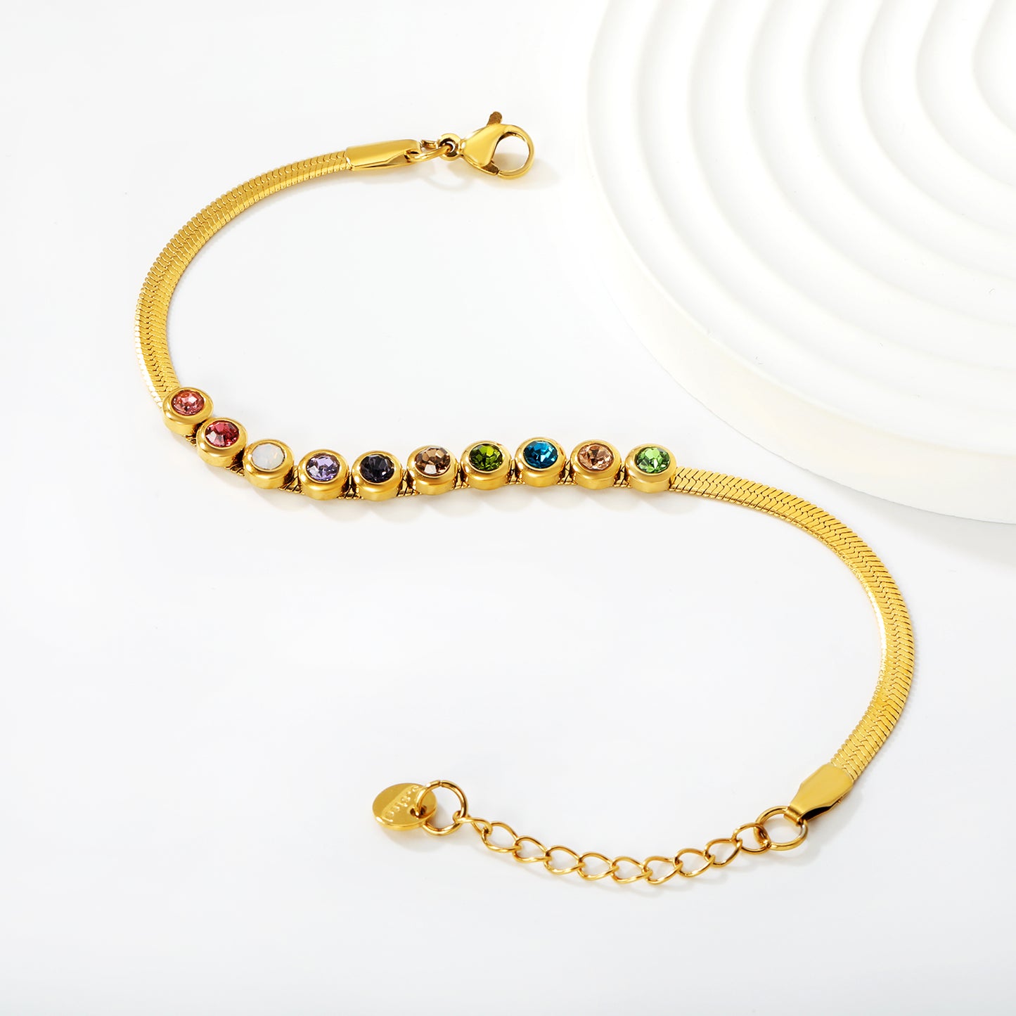 18K Gold Plated Multicolor CZ Crystal Snake Chain Bracelet | Stainless Steel Adjustable Waterproof Bracelet | Wholesale Colorful Jewelry for Women